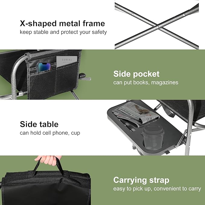 YOUNG WOOD Camping Directors Chair with Side Table, Foldable and Portable, Fishing,Trip,Picnic,Hike，Lawn,Sports,Beach,Outdoor Camping Chair for Adults,Drink Holder and Mobile Storage,2p