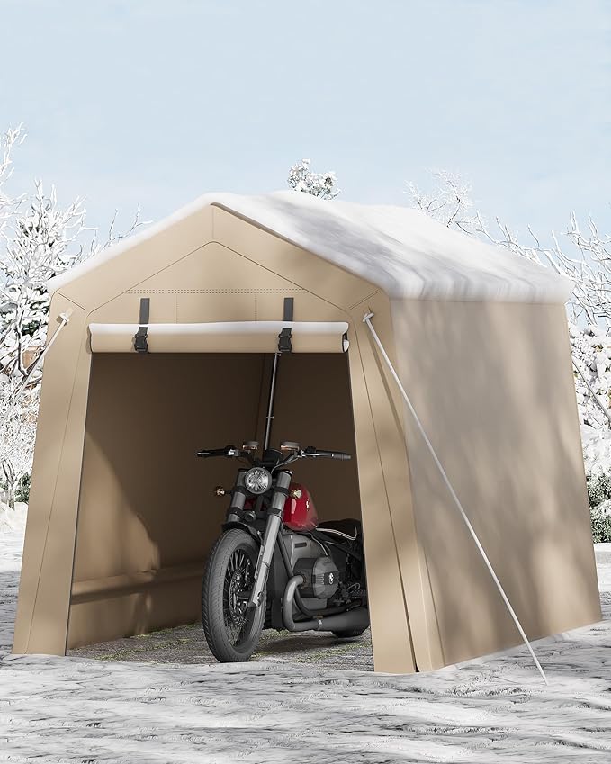 6x6FT Carport, Heavy Duty Motorcycle Shed with Waterproof PE Tarp, Portable Outdoor Storage Shed for Bikes and Firewood, All-Weather Car Shelter with Roll-Up Zipper Door, 6x6FT, Gray