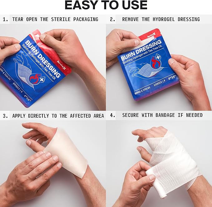 Burn Dressing Kit with Tea Tree Oil - Hydrogel Burn Pads, Cooling Gels, Non-Adhesive Dressings & Gauze - Complete First Aid Accessory for Instant Cooling, Soothing & Burn Relief