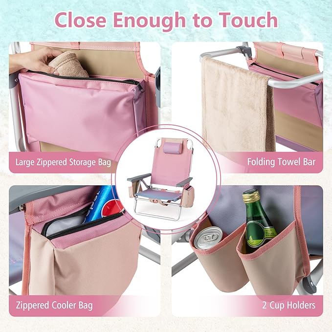 Giantex Folding Beach Chair, Patio Sling Chairs with 5 Adjustable Position, Head Pillow, Storage Bag, Towel Bar, Cup Holders, Backpack Chairs for Sunbathing, Camping Chair