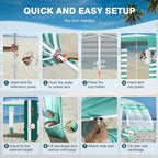 Rhino Valley Beach Cabana, 8 * 8FT Beach Tent UPF50+ Protection, Easy Setup Beach Canopy Wind Resistant with Cup Holder, Compact Beach Shade Foldable Beach Tent Sun Shelter, Green White