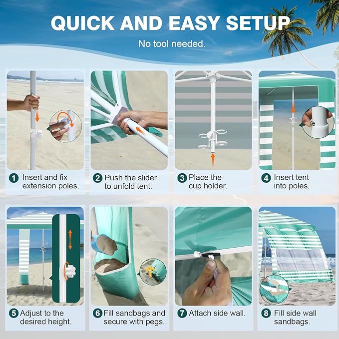 Rhino Valley Beach Cabana, 8 * 8FT Beach Tent UPF50+ Protection, Easy Setup Beach Canopy Wind Resistant with Cup Holder, Compact Beach Shade Foldable Beach Tent Sun Shelter, Green White