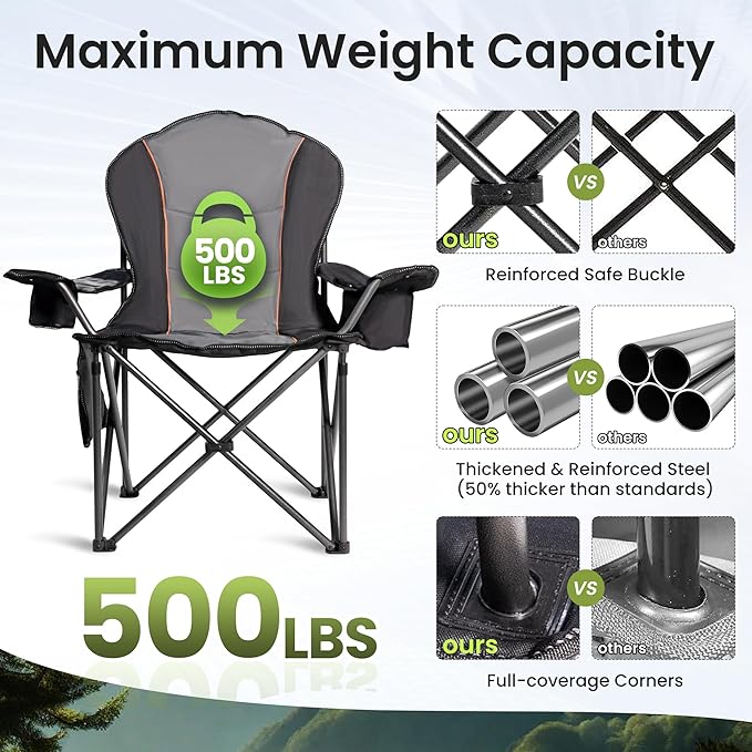 Folding Camping Chairs for Adults - High Back Padded Outdoor Lawn Chairs with Lumbar Support & Cup Holder (Black & Gray, 1 Pack)