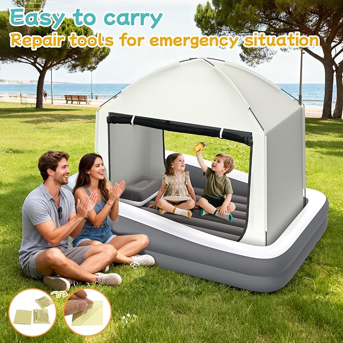 Inflatable Toddler Travel Bed with Tent - Kids Air Mattress with High-Speed Pump - Portable Blow Up Air Cribs with Safety Sides & Carry Bag - Lightweight Camping Tent for Outdoor - khaki & Grey 67inch