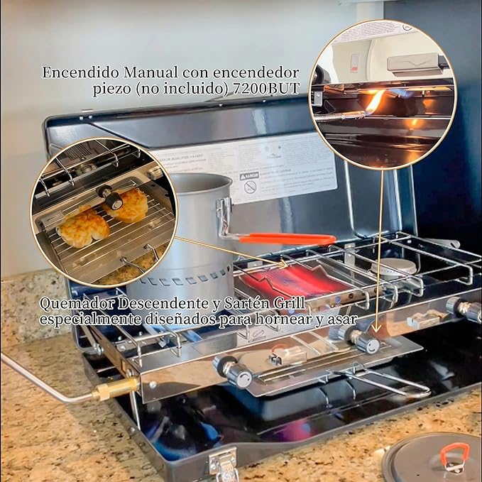 Camping Stove, 3 Burners Propane Portable Camp Stove with Regulator, Push-Button Instant Ignition, Adjustable Burners & Wind Guards for Car BBQ Picnics Outdoor Cooking (BLACK-20400 BTUs)