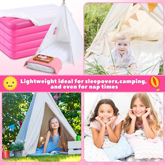 Windyun 6 Sets Kids Air Mattress Bulk with Fitted Sheet,Toddler Inflatable Bed 63 x 27 x 8 Inches Blow up Airbed Camping Sleeping Pad for Aged 3-10 Years Old Birthdays Slumber Sleepover Party (White)