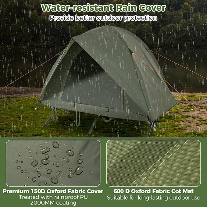Tangkula 2 Person Tent Cot, Portable Off Ground Elevated Camping Tent with Cot, Removable Rainfly, Wheeled Bag, Stakes & Wind Ropes for Picnic, Hiking, Travel, Beach