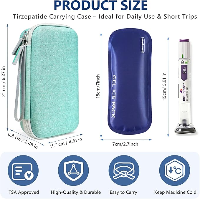 Portable Insulated Cooler Travel Case Fits 2 Zepbound or Mounjaro Injector Pens, Tirzepatide Travel Case TSA Approved with 2PCS Reusable Ice Packs, EVA Medicine Organizer for Daily Use (Green,Big)