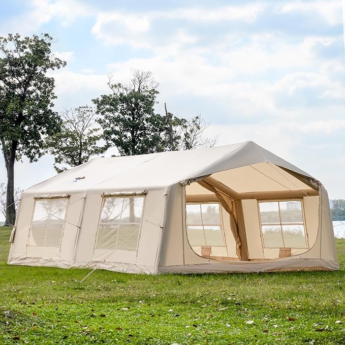 Oxford Inflatable Tent for Camping with Hand Pump, 4 Season Glamping Tents with Stove Jack for 8-12 Person, Waterproof Outdoor Party Camping Festival