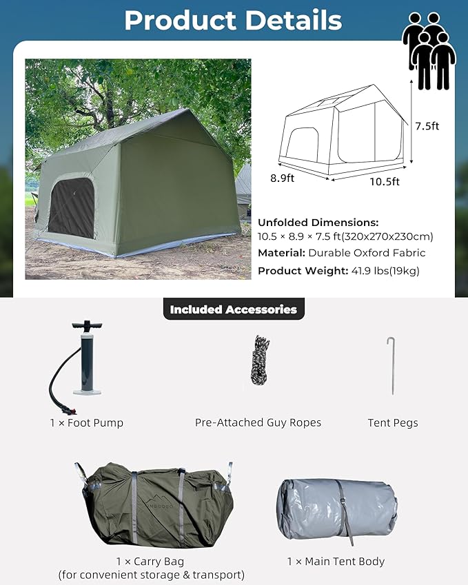 Inflatable Camping Tent, Luxury Glamping Design with Skylight, Oxford Fabric