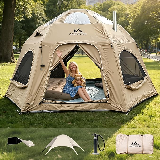 8/10/12 Person Large Inflatable Tents for Camping, 4 Season Blow Up Tents with Canopy/Rainfly, Luxury Inflatable Tent House with Stove Jack, Easy Setup Inflatable Camping Tent.
