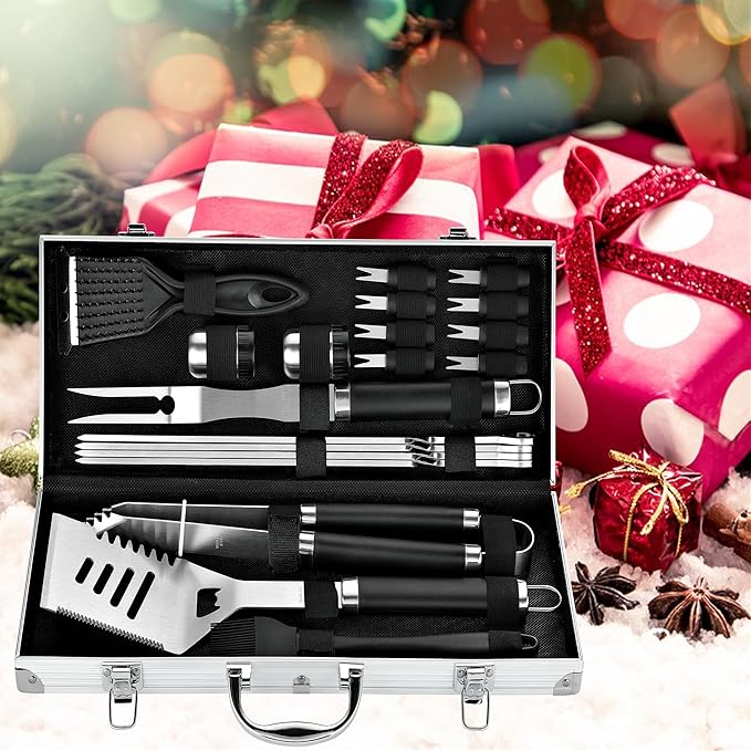 ROMANTICIST 20pcs Heavy Duty BBQ Grill Tool Set in Case - The Very Best Grill Gift for Father's Day and Christmas - Professional BBQ Accessories Set for Outdoor Cooking Camping Grilling Smoking, Black