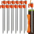 Tradesparker Tent Stakes 12-Pack 8Inch Heavy Duty Garden Stakes Canopy Anchors - Includes Ropes for Camping Tents, Pop Up Canopies and Outdoor Events, Orange