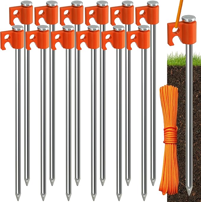 Tradesparker Tent Stakes 12-Pack 8Inch Heavy Duty Garden Stakes Canopy Anchors - Includes Ropes for Camping Tents, Pop Up Canopies and Outdoor Events, Orange