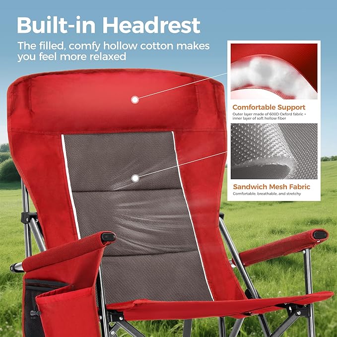 ALPHA CAMP Heavy Duty High Back Camping Chairs with Cup Holder Oversized Folding Chair Outdoor Chair with Headrest,Lawn with Side Pocket for Lawn, Sports and Fishing, 500lbs