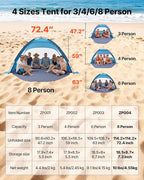 VEVOR Beach Tent Sun Shelter for 8 Person, UPF 50+ Protection, Portable Sun Shade Beach with Carrying Bag & Sand Pockets, Lightweight and Easy Setup Beach Umbrella for Camping Fishing Outdoor Picnic