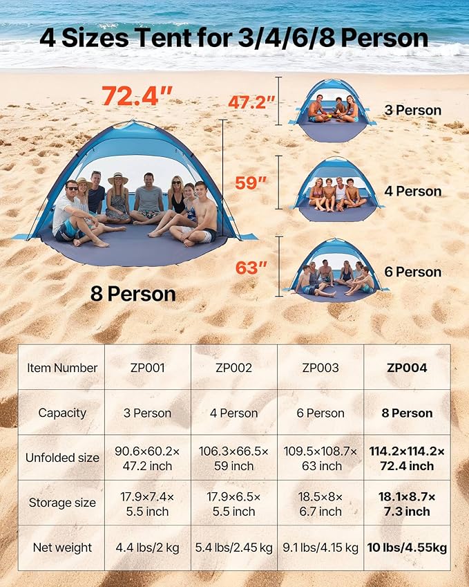 VEVOR Beach Tent Sun Shelter for 8 Person, UPF 50+ Protection, Portable Sun Shade Beach with Carrying Bag & Sand Pockets, Lightweight and Easy Setup Beach Umbrella for Camping Fishing Outdoor Picnic