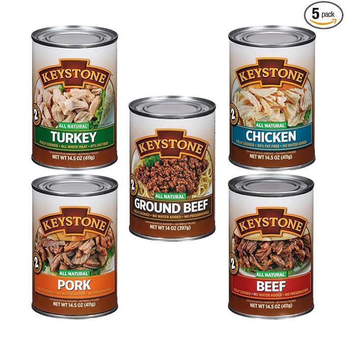 Keystone All Natural Sampler 5-Can Variety Canned Meat Pack | Heat and Serve Meat – (Beef, Chicken, Pork, Turkey (14.5 oz) & Ground Beef (14 oz) | Fully Cooked, Ready to Eat Canned Meat for Everyday Meals, Emergency, Camping, Pantry Staple 5 Years Shel...