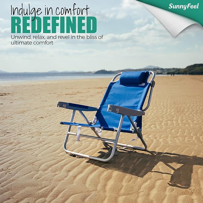 SUNNYFEEL Extra Wide 28" Low Beach Chair 5 Position Lay Flat, XL Oversized Portable Folding Camping Chairs with Cup Holder for Outdoor/Trip, Lightweight Foldable Backpack Beach Chair for Adults