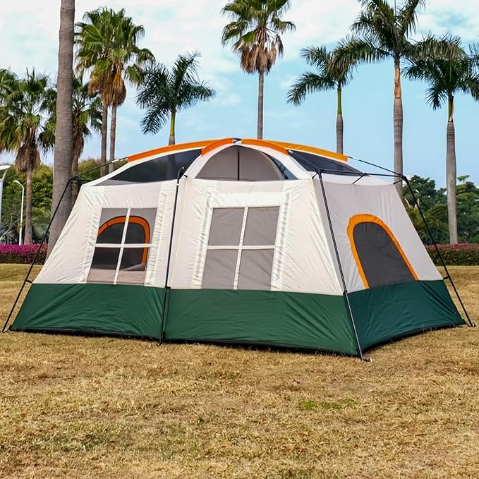 KTT Large Tent 6-8-10 Person,Family Cabin Tents,2 Rooms,2 Doors and 4 Windows with Mesh,Straight Wall,Waterproof,Double Layer,Big Tents for Outdoor,Picnic,Camping,Family Gathering