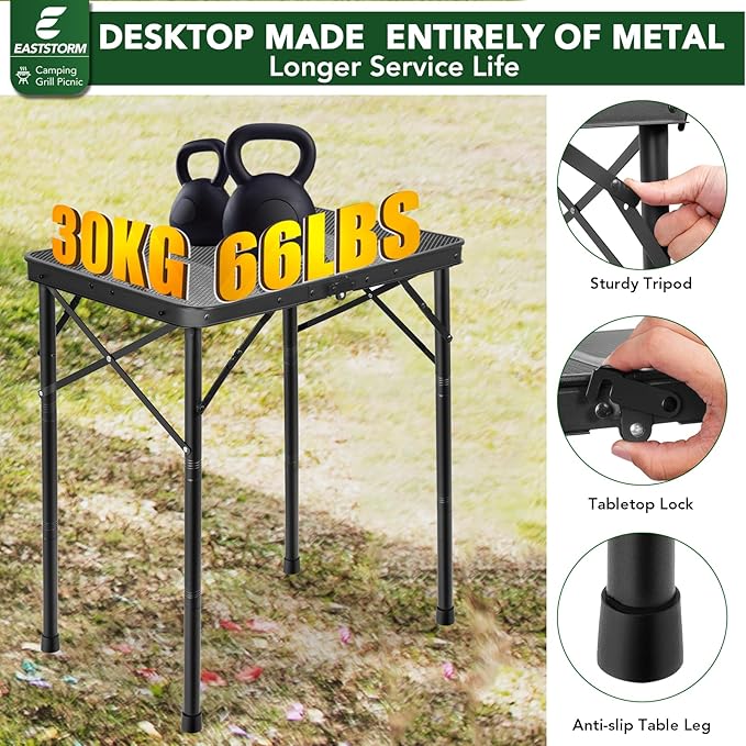 2ft Folding Grill Table, Adjustable 3 Heights Portable Picnic & Camping Outdoor Table for BBQ, Garden, Patio, Tailgate & Travel — Compact, Sturdy, Easy to Store, 23.62" x 15.74", Black