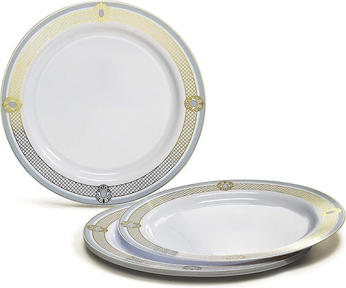 " OCCASIONS " 240 Plates Pack,(120 Guests) Premium Wedding Party Disposable Plastic Plates Set -120 x 10.25'' Dinner + 120 x 7.5'' Salad/Dessert (Royal in White/Blue & Gold)