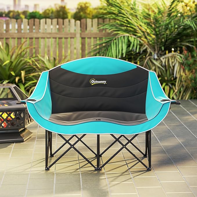 Outsunny Double Camping Chair for Adults, Padded Folding Camp Chair for 2 Person with Armrest, Wine Glass Holder, Cup Holder, Carry Bag for Outdoor Sports, Picnics, Supports up to 552 lbs.