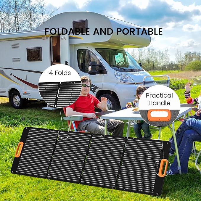 Portable Solar Panel 200 Watt Foldable 200W Solar Cell Solar Charger for Power Station, Waterproof w/Adjustable Kickstand XT60 Anderson DC 8mm Connector for Camping, Off Grid Living