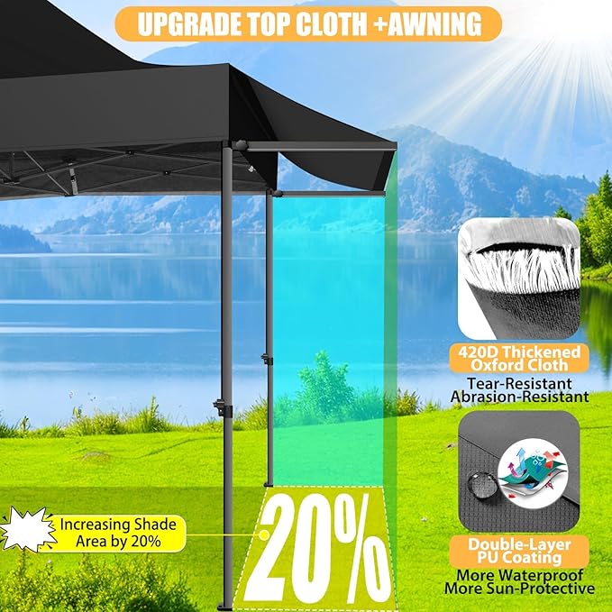 COBIZI 10x10 Pop Up Canopy Tent with Awning,Heavy Duty Canopy UPF 50+ All Season Wind Waterproof Commercial Outdoor Street Vendors Party Tents for Parties Canopy with Carry Bag(10 x 10 ft Black)