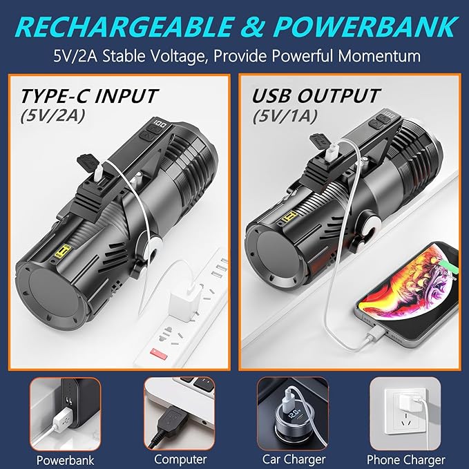 150W Rechargeable Handheld Spotlight 18,000 High Lumens, Super Bright Zoomable XHP360 Spot Light Searchlight with USB Output, Large Capacity Powerful LED Flashlight for Home Emergency Boating Camping