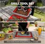 9-IN-1 Collapsible BBQ Prep Tub with Cutting Board, Portable Grill Prep Station with Side Brackets, Lids, Knives, Meat Claws and Drain Rack, Space-Saving for Kitchen, RV, Camping, Red