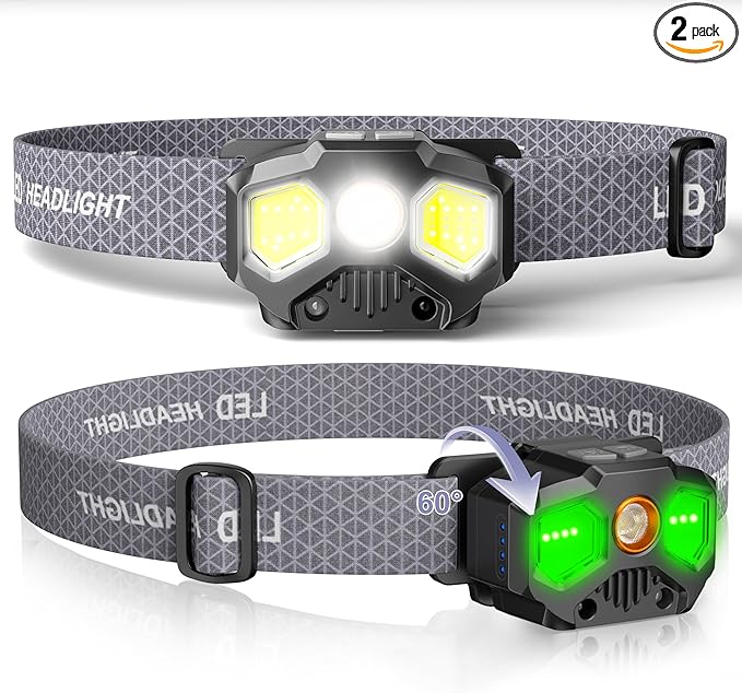 2 Pack Headlamp Rechargeable, 1400 Lumen Lightweight Head Lamps LED Rechargeable with White Green Red Light, Waterproof Head Lamp,14 Modes with Memory Function for Running
