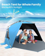 OutdoorMaster Beach Tent with Blackout Shelter Technology, Portable Sun Shade Shelter 4 Person, Pop Up Beach Tents with UPF 50+ UV Protection, 9.5mm Thick Pole, 3 Ventilating Mesh Windows -Blue