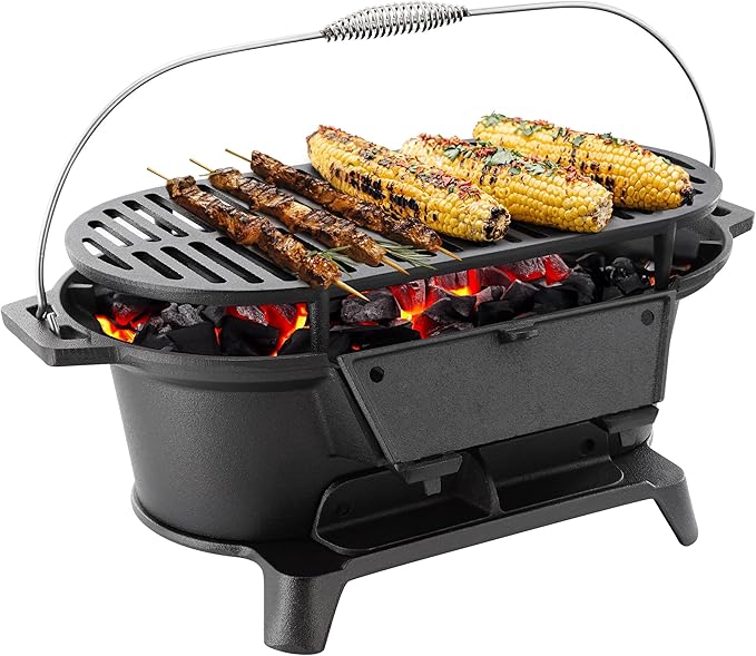 Megachef Oval Cast Iron Portable Hibachi Grill for Outdoor Use and Camping in Black