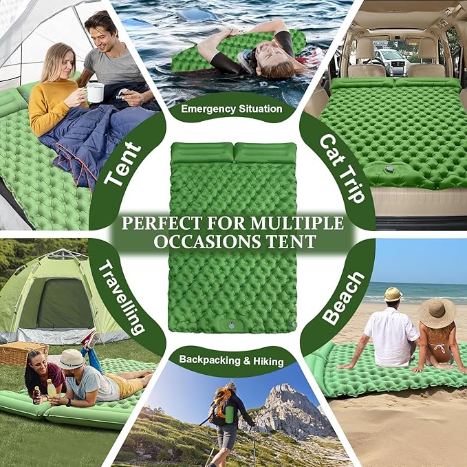 Double Sleeping Pad: Self Inflating Camping Pad Mattress for Backpacking & Outdoor Trips | 4" Thick for Ultimate Comfort | Lightweight & Compact | Sleeping Mats for Beachs, Hiking & Car Travel