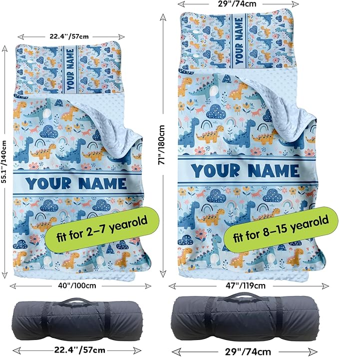 Personalized Toddler Nap Mat for Preschool, Custom Name Kids Sleeping Bag for Daycare, Kindergarten Roll Up Sleeping Mat with Removable Pillow and Soft Blanket, Fun Themes for Boys & Girls