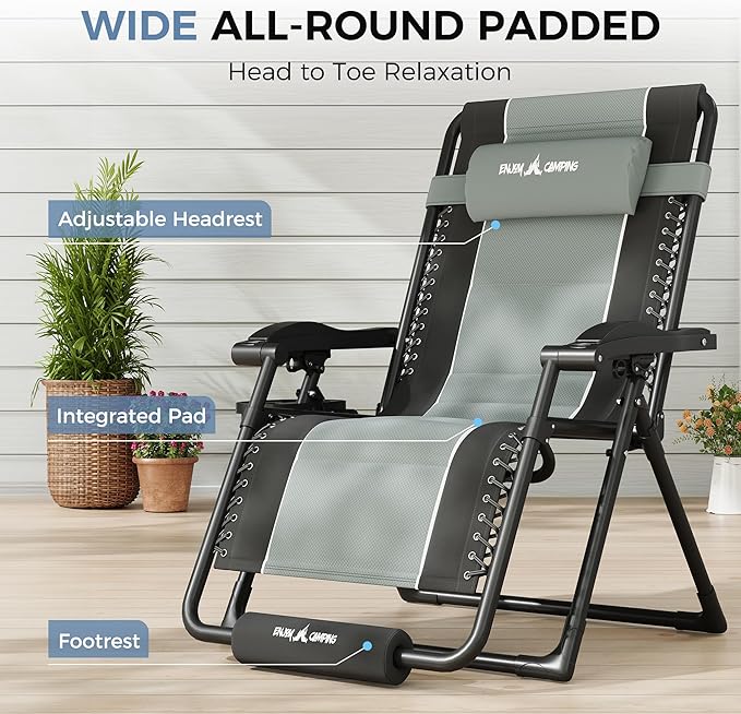 UDPATIO Oversized Zero Gravity Chair Set of 2, Outdoor Full Padded Recliner, Patio Folding Adjustable Reclining Seat with Cup Holder, Footrest & Headrest for Camping, 500LBS Support,Black/Gray,33in
