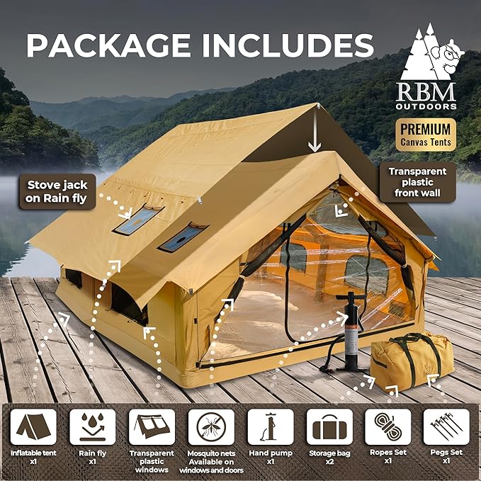 Inflatable Canvas Camping Tents with Stove Jack – Air Beam Blow Up Family Camping Tent for 2–6 People, Fast Setup Shelter with Hand Pump