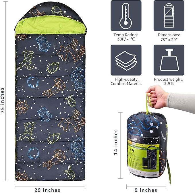 AceCamp Kids Sleeping Bag, Glow-in-The-Dark Sleeping Bag for Kids and Youth, Portable Water-Resistant Kids Sleeping Bag, Temp Rating 30F/ -1℃, for Camping, Hiking, Slumber Party