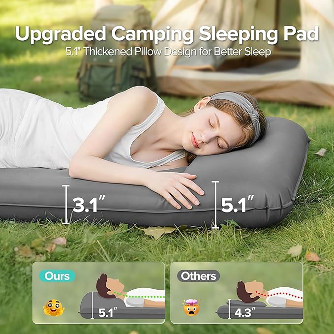 Self-Inflating Sleeping Pad for Camping, 3.1" Ultra-Thick Outdoor Camping Mat with Pillow & 9.5 R-Value, Insulated All-Season Foam Sleeping Pad for Camping Travel Tent Car,Gray