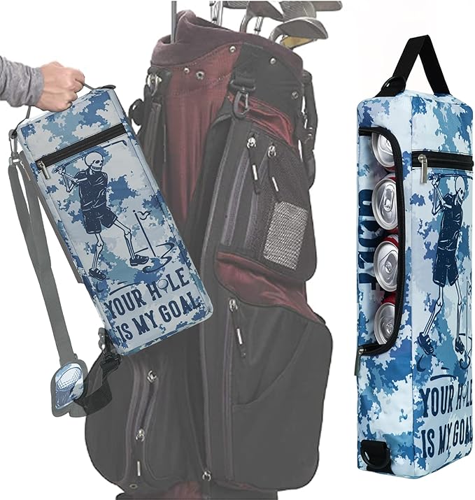 Golf Cooler Bag Plus Ice Pack Soft Sided Insulated Cooler Bag- Holds 6 Pack of Cans or 2 Wine Bottles - Grey Camo Golf Beer Sleeve Black Fits Discreetly in Golf Bags
