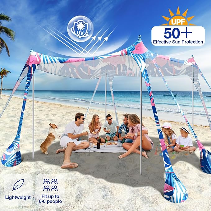 Rhino Valley Beach Tent Shade Canopy UPF50+ Protection, 8 Sandbags, 4 Stability Poles, Outdoor Sun Shelter Umbrella for Sand, Camping, Fishing Essentials