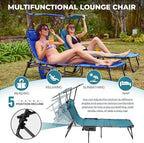 FUNDANGO 4 in 1 Tanning Chair with Face Hole, Beach Lounge Chair w/Canopy Shade & Side Table Chaise Lounge Chairs for Patio, Pool, Lawn, Sunbathing, 5-Position Adjustable Sun Lounger, Cyan