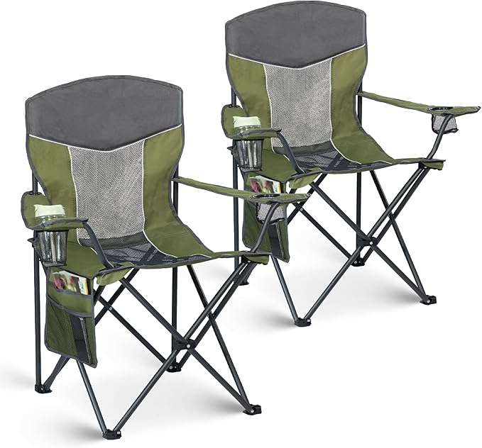 Outdoor Camping Chair 2-Pack with Mesh Back, Folding Portable Lawn Chairs with Cup Holder & Side Storage Pocket for Camping, Beach, Picnic, Fishing(Green)