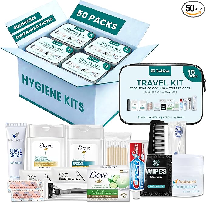 TrekTote Complete 15 Piece Unisex Travel Hygiene Kit with Toiletries & Personal Care Essentials, TSA-Compliant, Individually Packaged in Clear Bag, Single or Bulk Packs