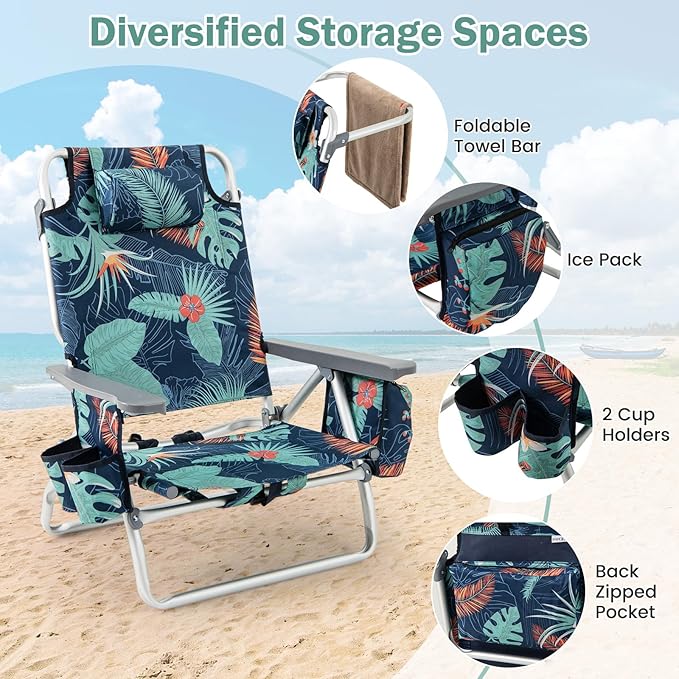 Giantex Folding Beach Chair, Patio Sling Chairs with 5 Adjustable Position, Head Pillow, Storage Bag, Towel Bar, Cup Holders, Backpack Chairs for Sunbathing, Camping Chair