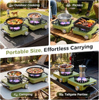 MoKo Propane Camping Stove 2 Burner, 36,000 BTU Infrared & Open Flame Hybrid, Windproof Folding Portable Outdoor Gas Cooking Kit with Frying Pan & Carry Bag For RV, Tailgating, Survival, Green