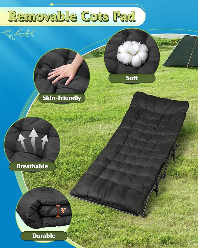 WLIVE 1200D Double Layer Oxford Camping Cots for Adults, Folding Sleeping Cot with Mattress, Outdoor Portable Bed with Carry Bag for Resting, Camping, Black