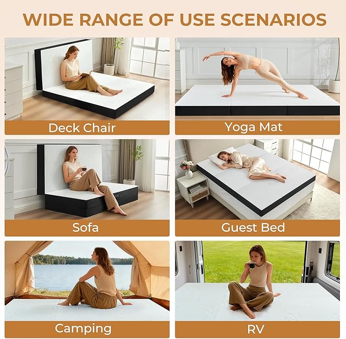 4 Inch Trifold Mattress, Queen Size Foldable Memory Foam Mattress with Viscose Derived from Bamboo Washable Cover, Folding Mattress Topper Floor Bed for Camping, Guest, RV, Ventilated
