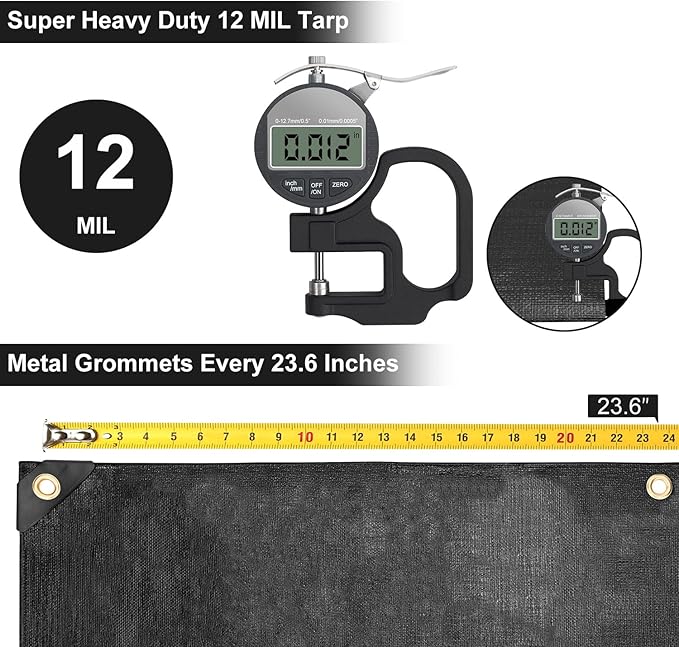 Tarp 10x10FT, 12 Mil, Heavy Duty Waterproof Tarps with Grommets Every 23.6", 420D Thick Plastic Tarp, UV Resistant, Tear & Fade Resistant, Reinforced Edges for Outdoor Pool, Camp, Tent